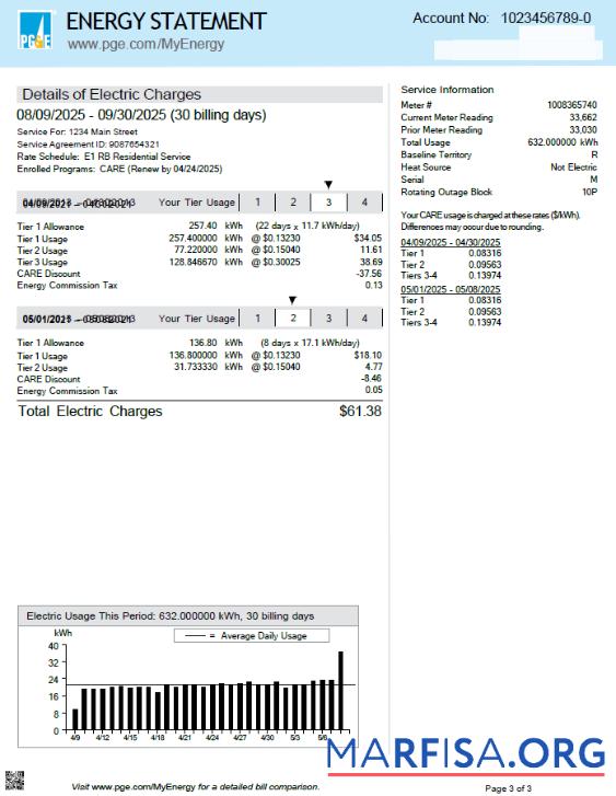 Realistic USA PG&E utility bill template in Word and PDF formats, 3 pages, 3rd page
